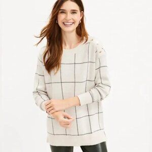 LOFT Preppy Checkered Crew Neck Knit Sweater Shoulder Buttons Menswear Tunic